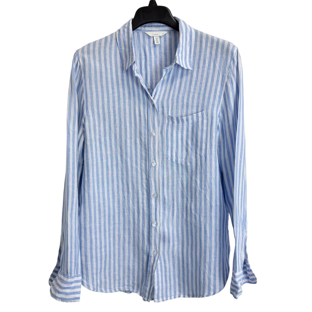 H&M 100% Linen Blue White Striped Button Down Shirt Small Long Sleeve Pocket
